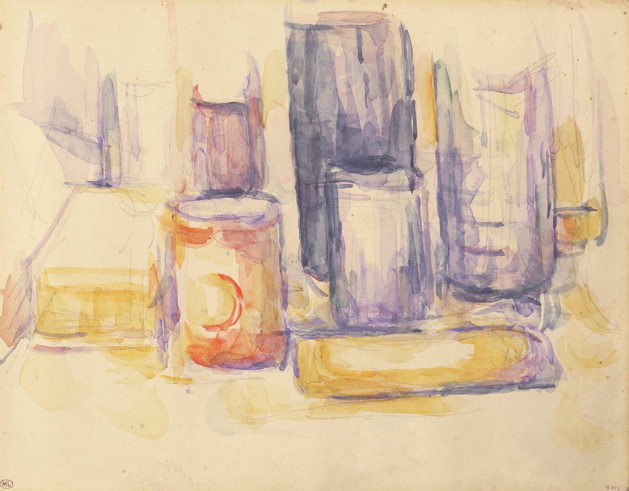 Kjøkkenbord: Potter og flasker av Paul Cézanne