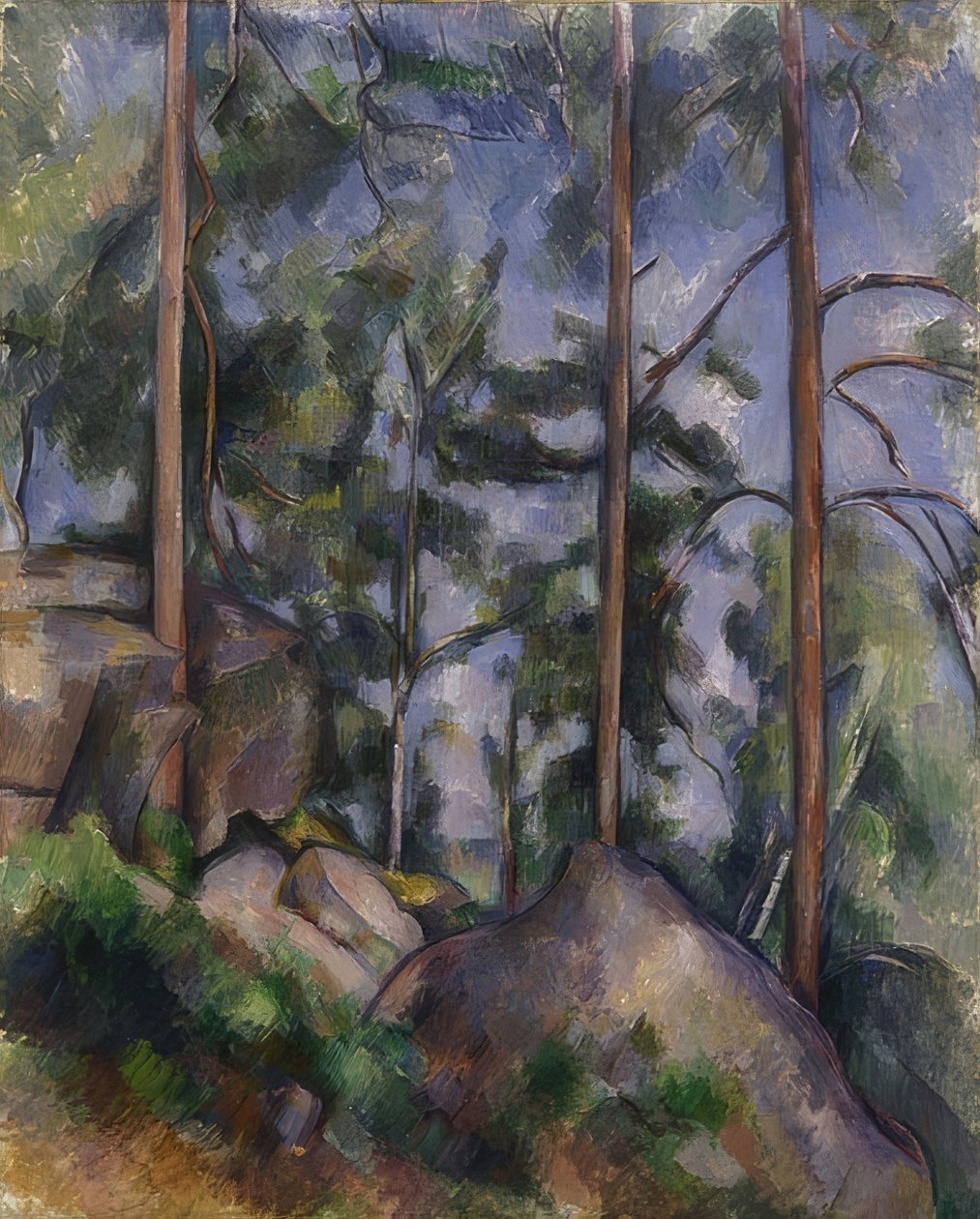 Furutrær og steiner (Fontainebleau?). Rundt 1897 av Paul Cézanne