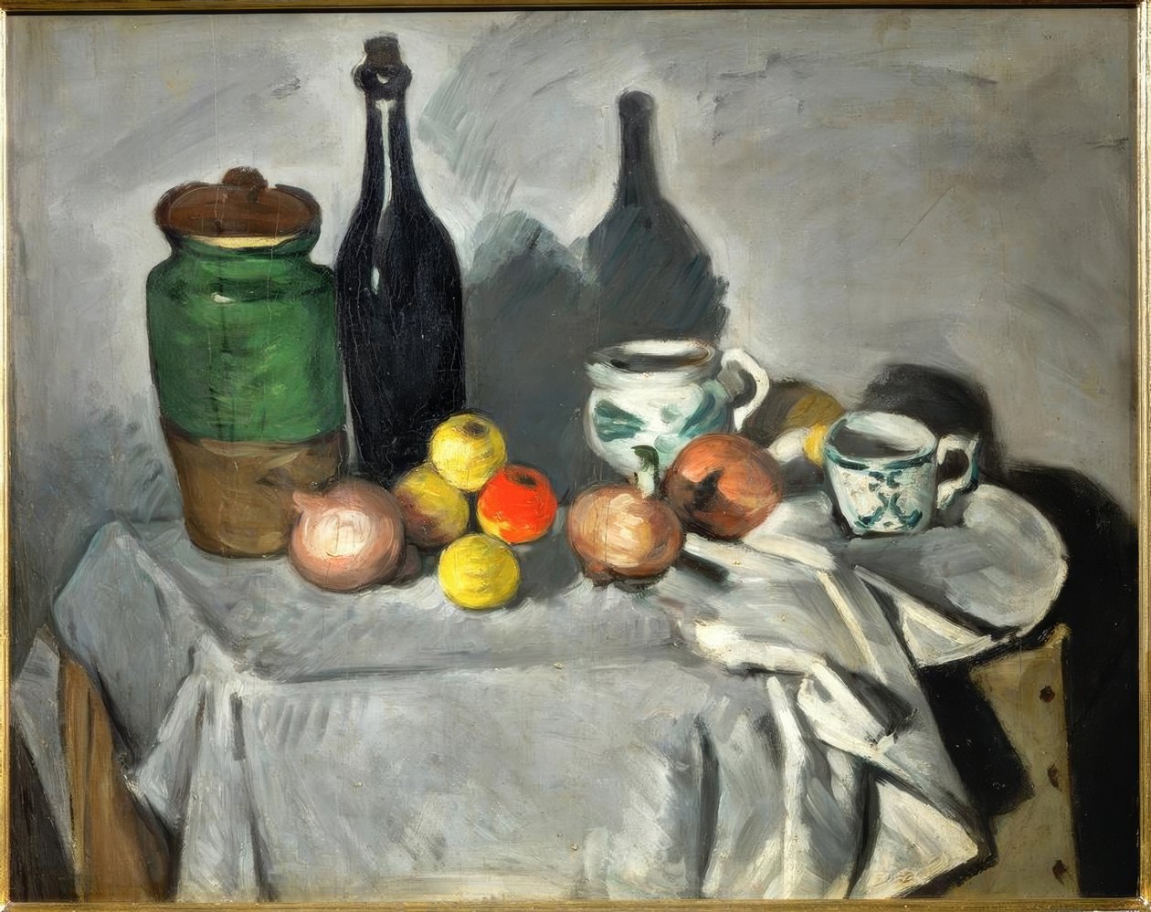 Stilleben (frukt og retter) av Paul Cézanne