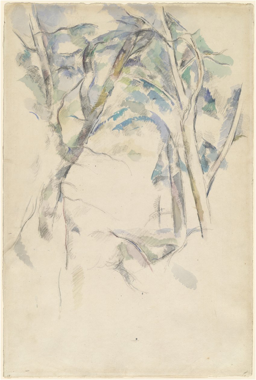Trær som lener seg over steiner av Paul Cézanne