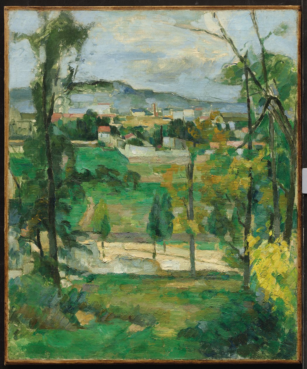 Landsby bak trær, Île-de-France, ca. 1879 av Paul Cézanne