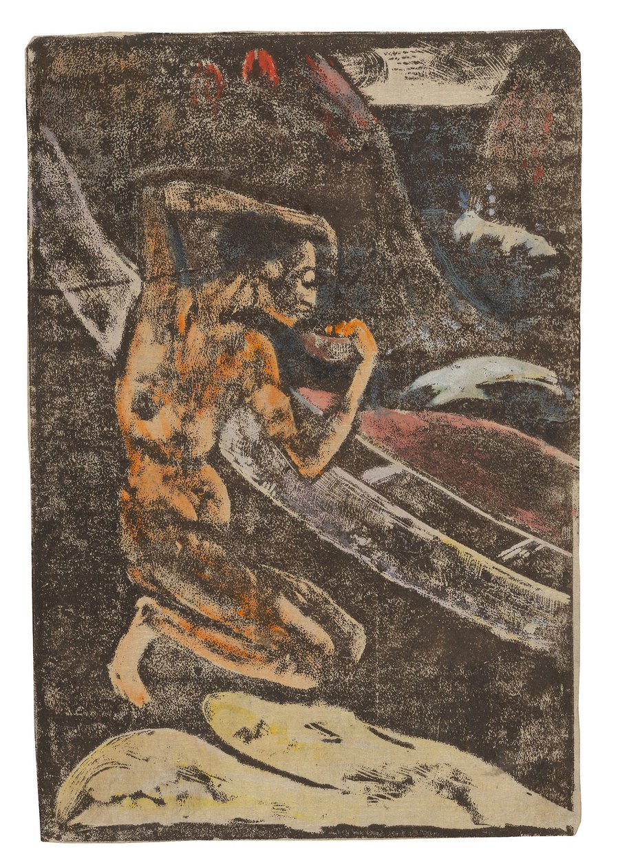En fisker som drikker ved siden av kanoen sin av Paul Gauguin