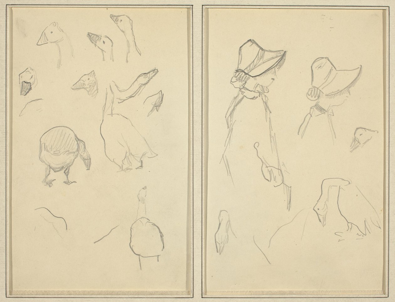 gjess; Jenter i Bonnets, Geese [recto] av Paul Gauguin