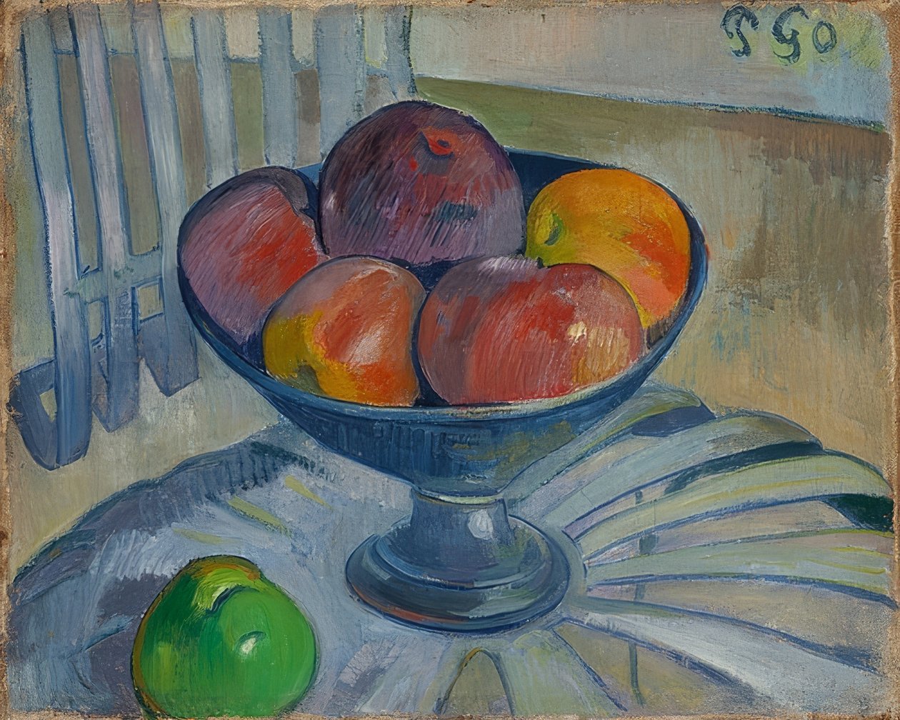 Skål med frukt på en hagestol. Rundt 1890 av Paul Gauguin
