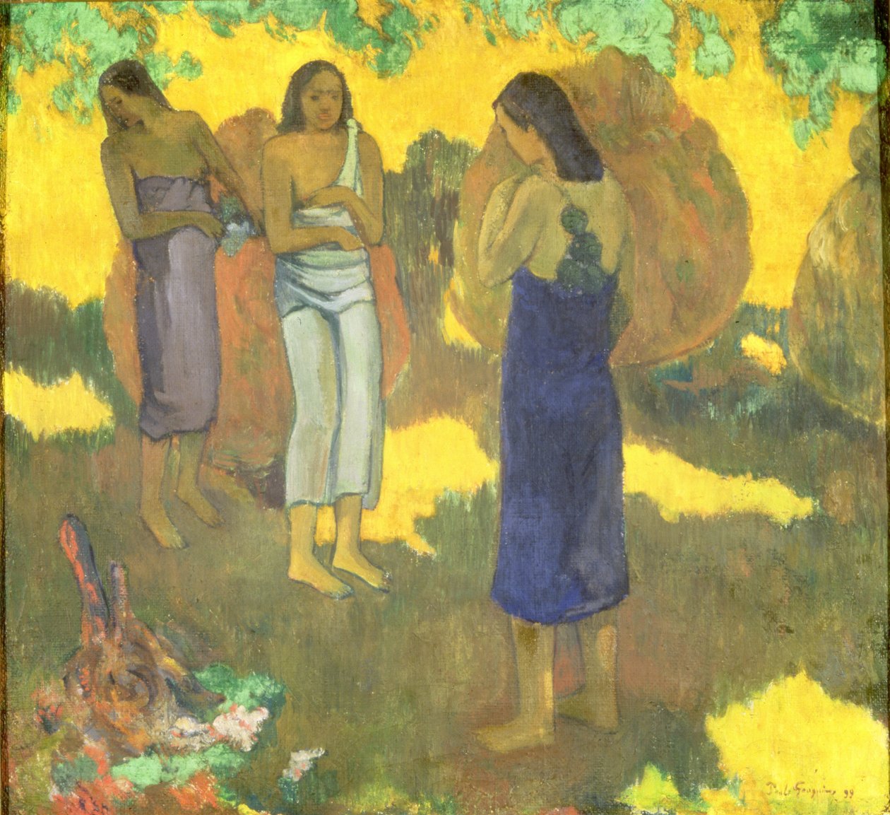 Tre tahitiske kvinner mot en gul bakgrunn av Paul Gauguin