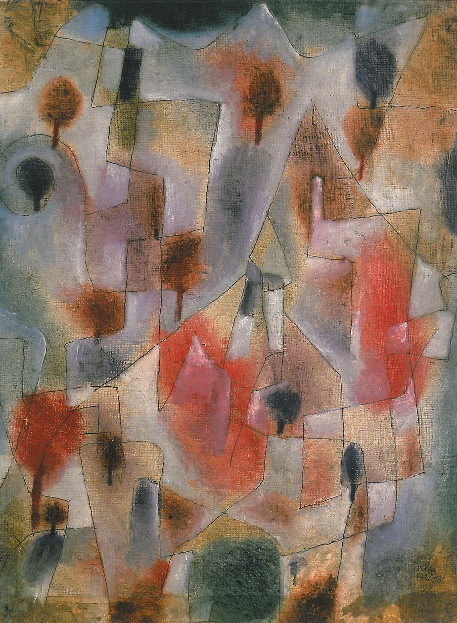 landskap med blå og røde trær, 1920. av Paul Klee