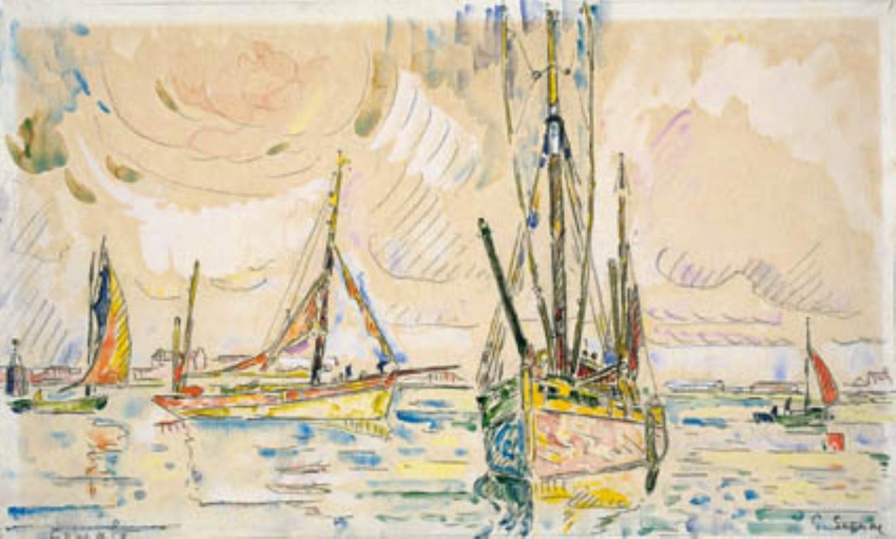 Fiskebåter i havnen i Locmalo av Paul Signac