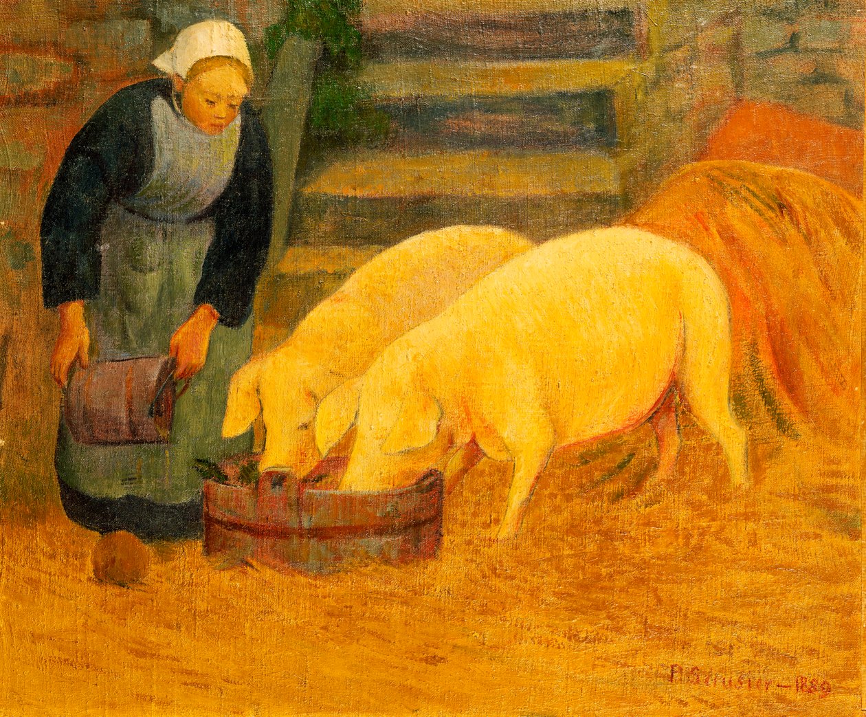 En ung jente som mater to griser, 1889 av Paul Sérusier