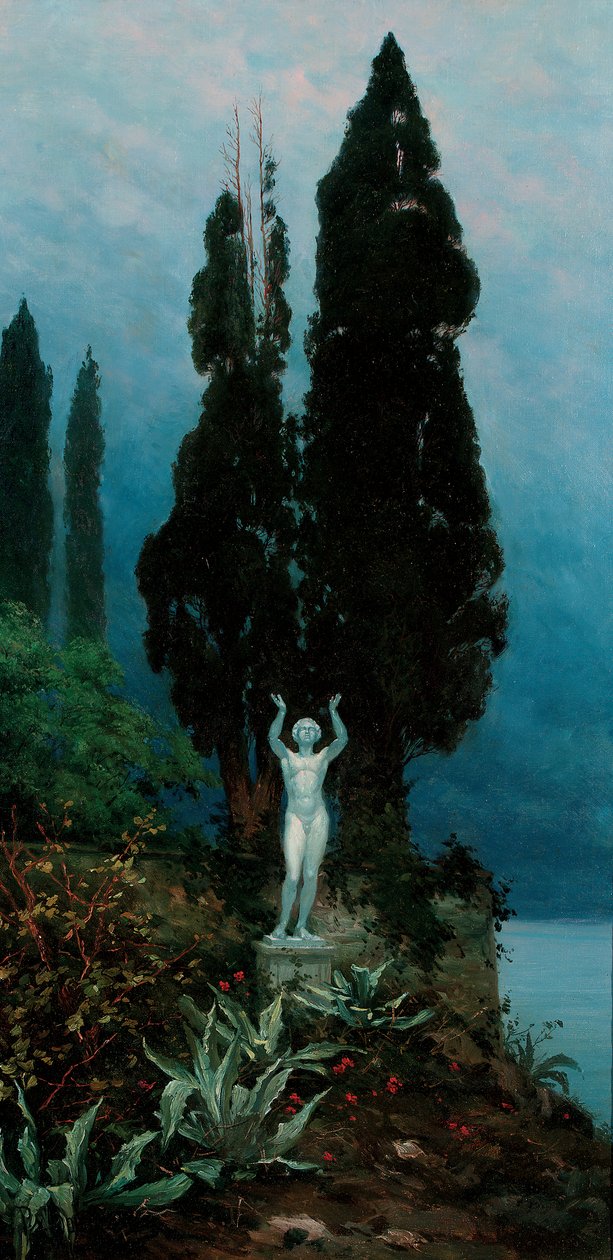 En statue i et innsjølandskap av Paul von Spaun
