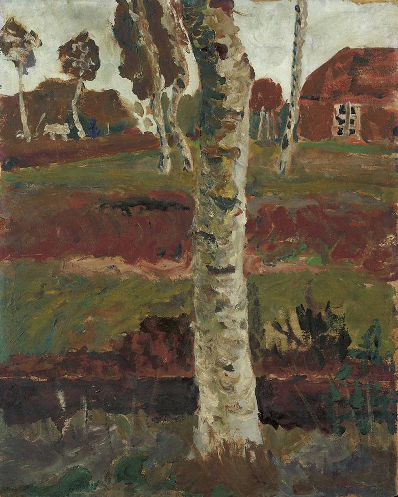 Bjørkestamme ved vollgraven foran landskap med hus av Paula Modersohn Becker