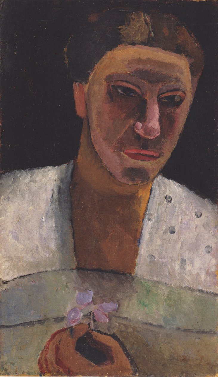 Halvlang portrett av Lee Hoetger med en blomst av Paula Modersohn Becker