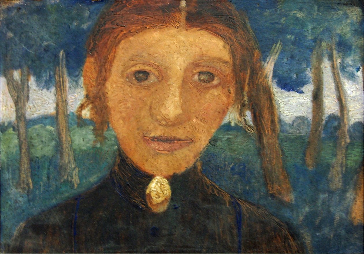 Selvportrett med landskap foran trær av Paula Modersohn Becker