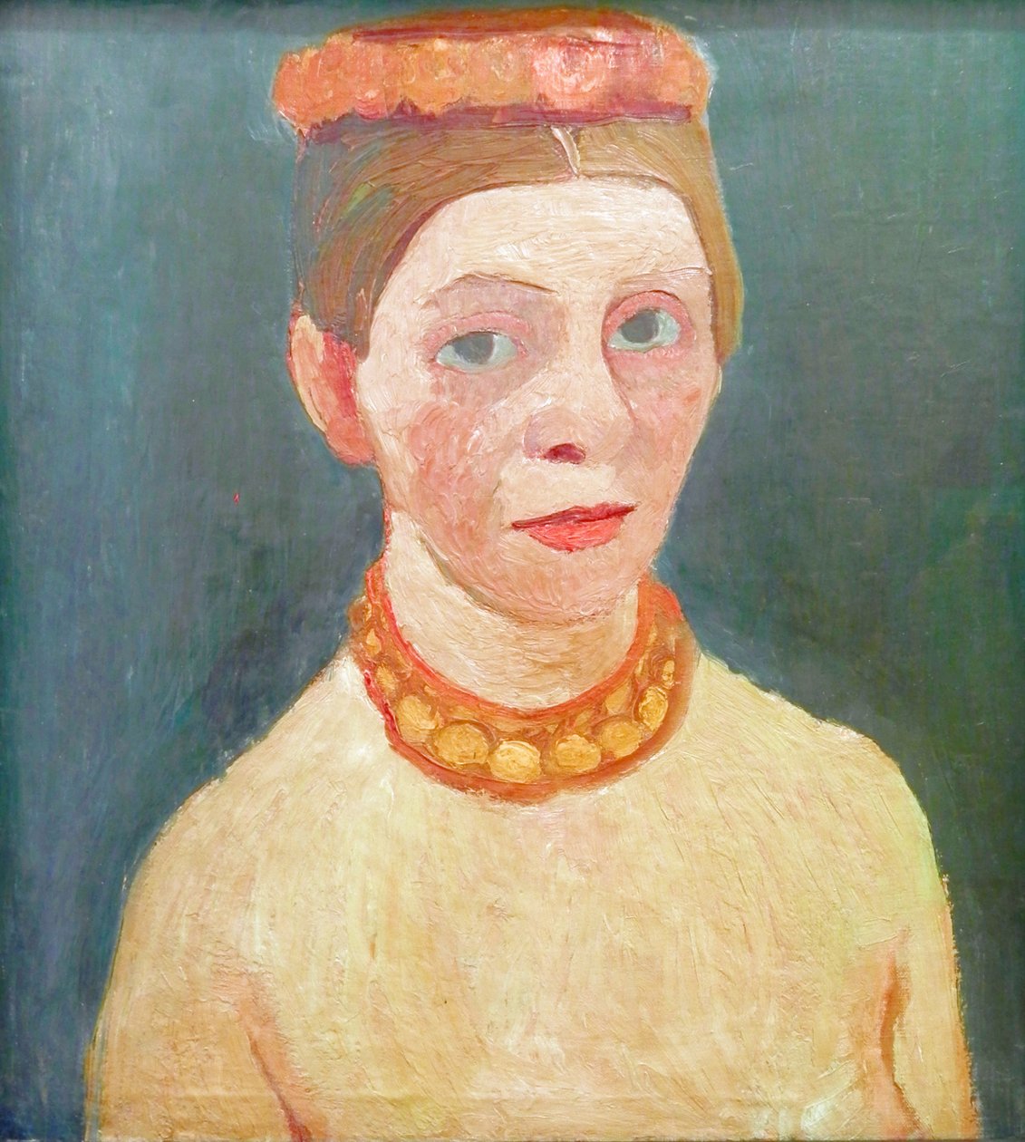 Selvportrett med en rød blomsterkrans og en kjede av Paula Modersohn Becker