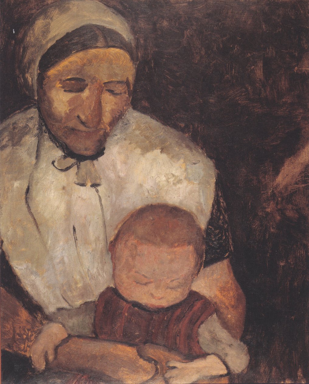 Sittende bondekvinne med barn på fanget av Paula Modersohn Becker