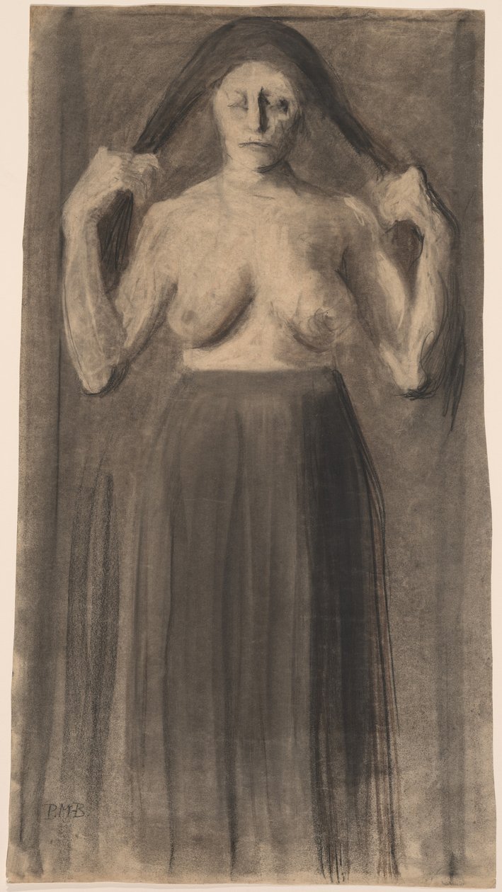Halvnaken kvinne holder håret fra hverandre av Paula Modersohn Becker