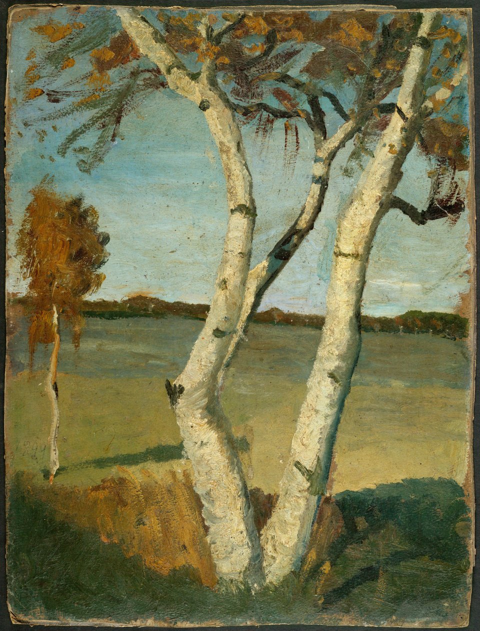 To-stammet bjørk foran landskapet av Paula Modersohn Becker