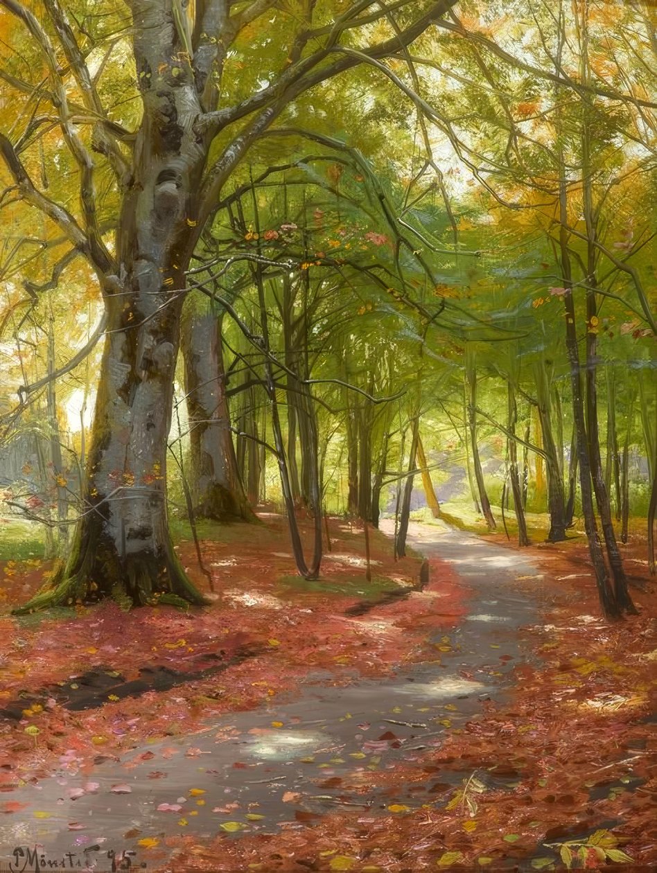 P.Mönsted, solrik høstdag i skogen av Peder Monsted