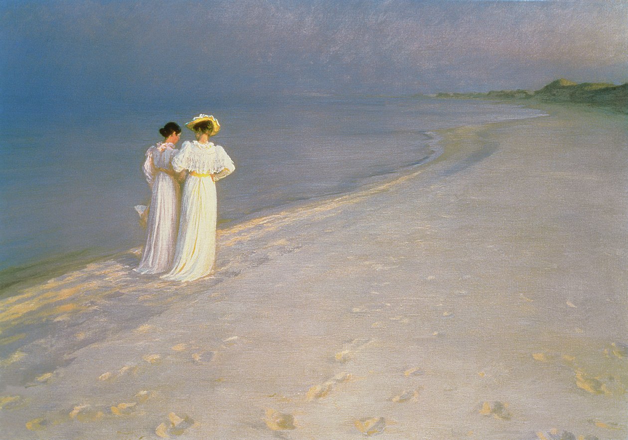 Sommerkveld på Skagen Sørstrand med Anna Ancher og Marie Kroyer av Peder Severin Krøyer