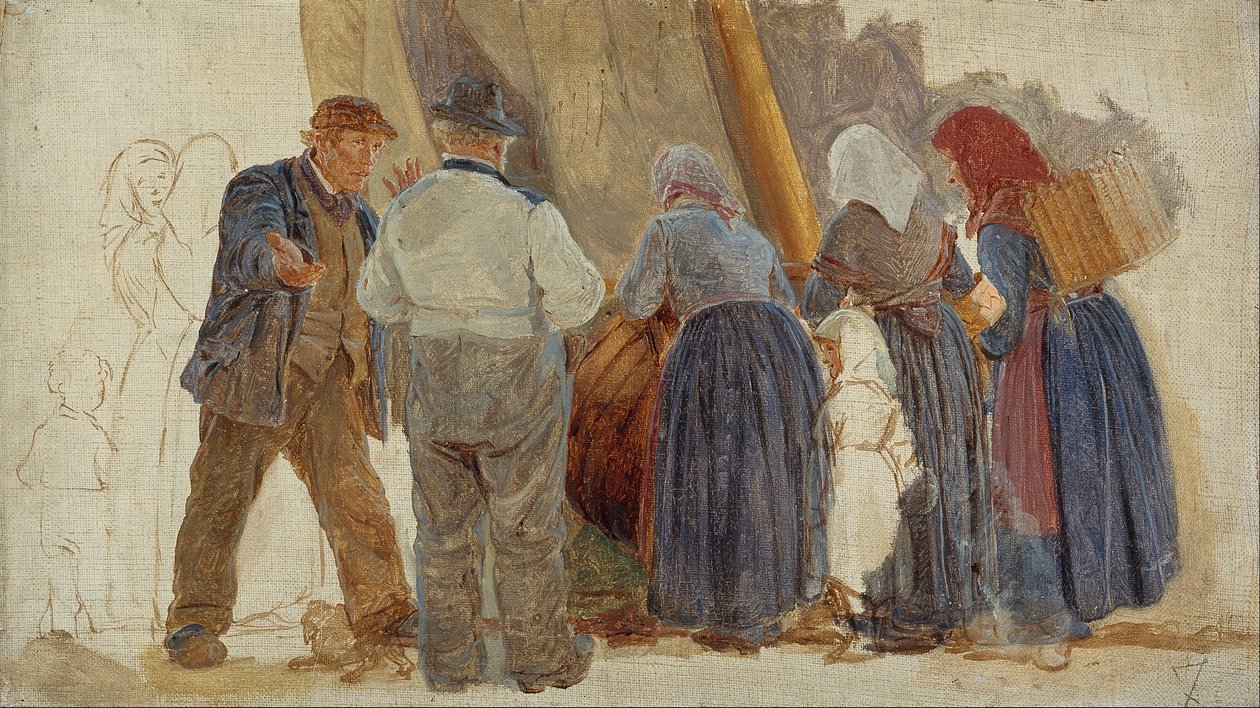 Morgen på Hornbæk. Menn og kvinner som forhandler av Peder Severin Krøyer