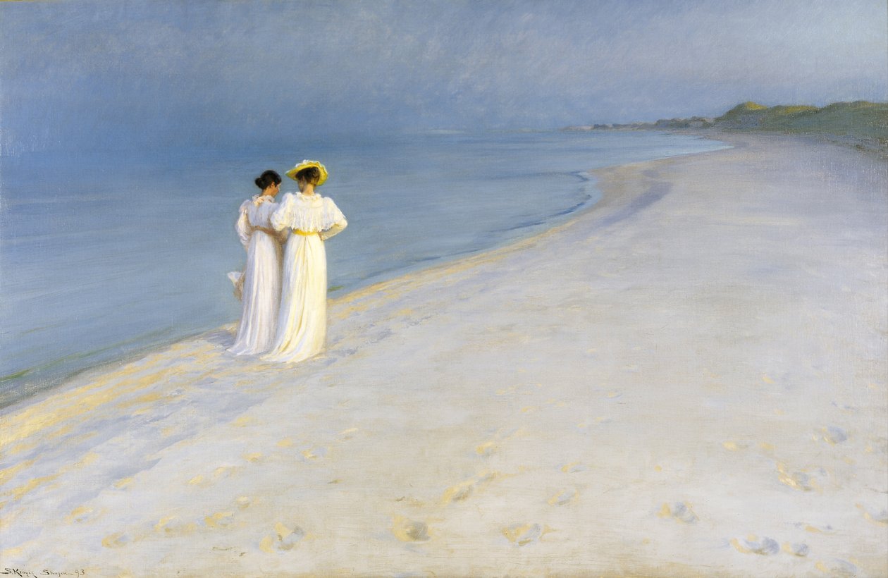 Sommerkveld på Skagens strand. Anna Ancher og Marie Krøyer går sammen. av Peder Severin Krøyer