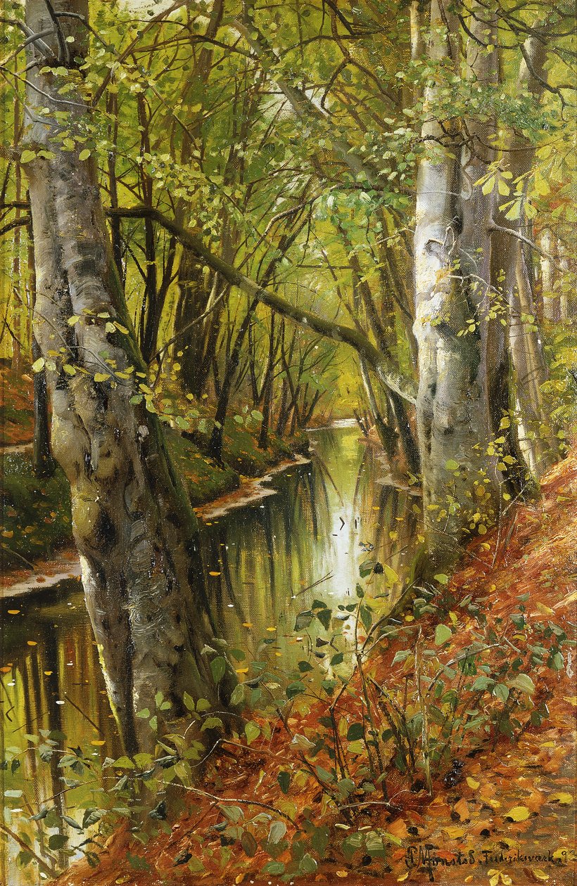 Et skogkledd elvelandskap av Peder Monsted