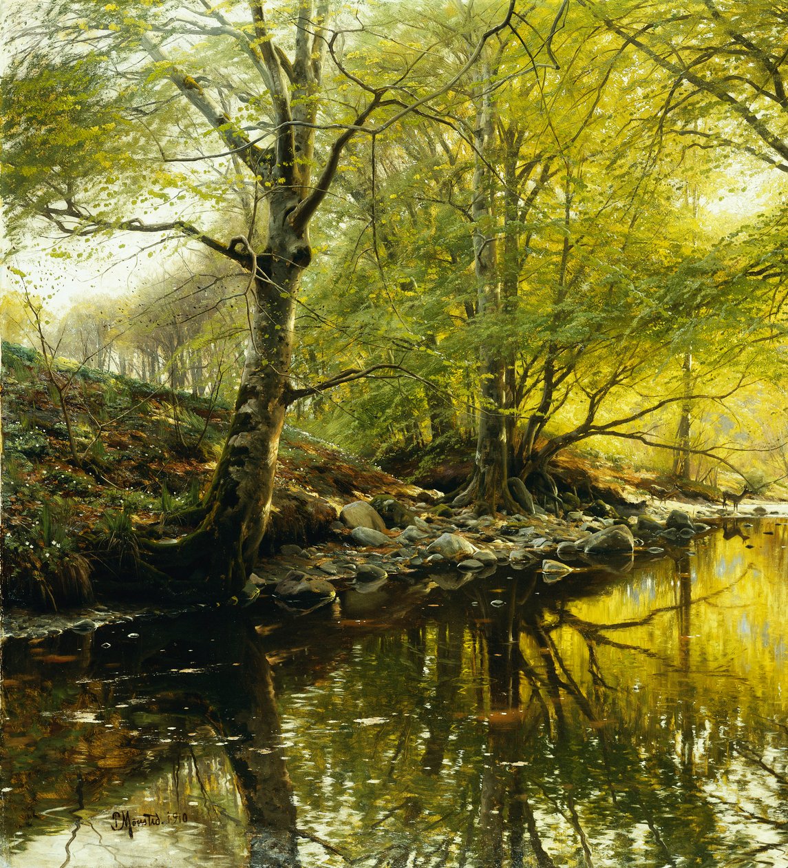 Et skogkledd elvelandskap av Peder Monsted