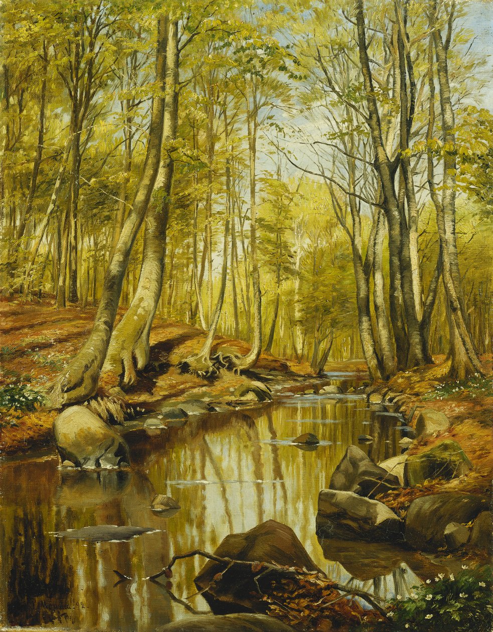 Et skogkledd elvelandskap av Peder Monsted
