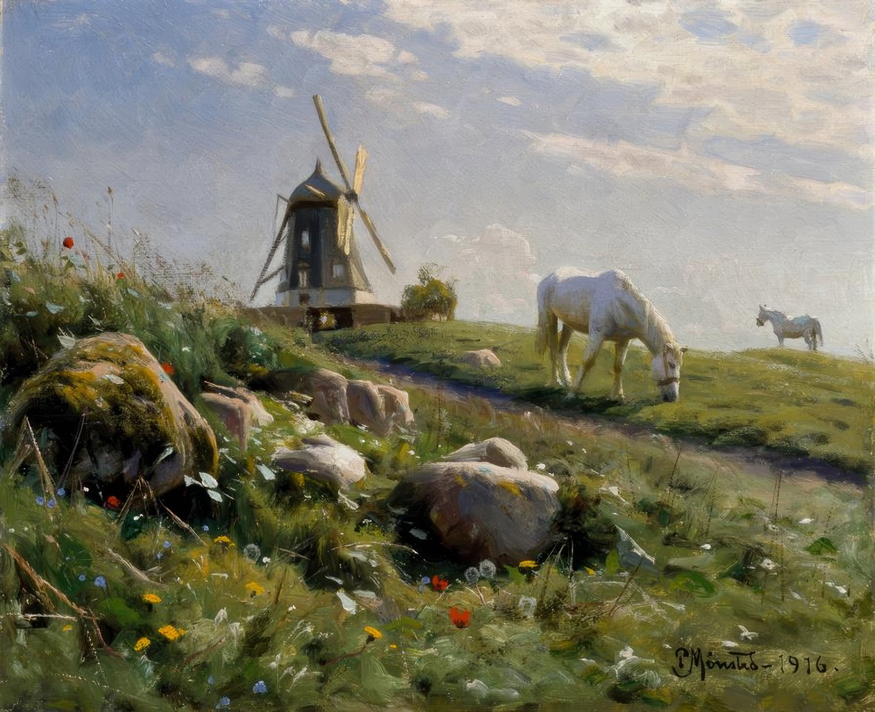 Beitende hester på sommereng av Peder Monsted