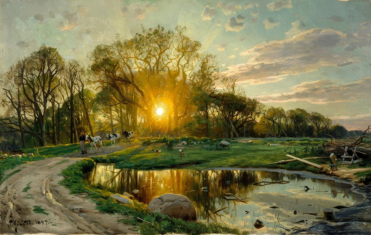 Ta med kyrne hjem ved solnedgang av Peder Monsted