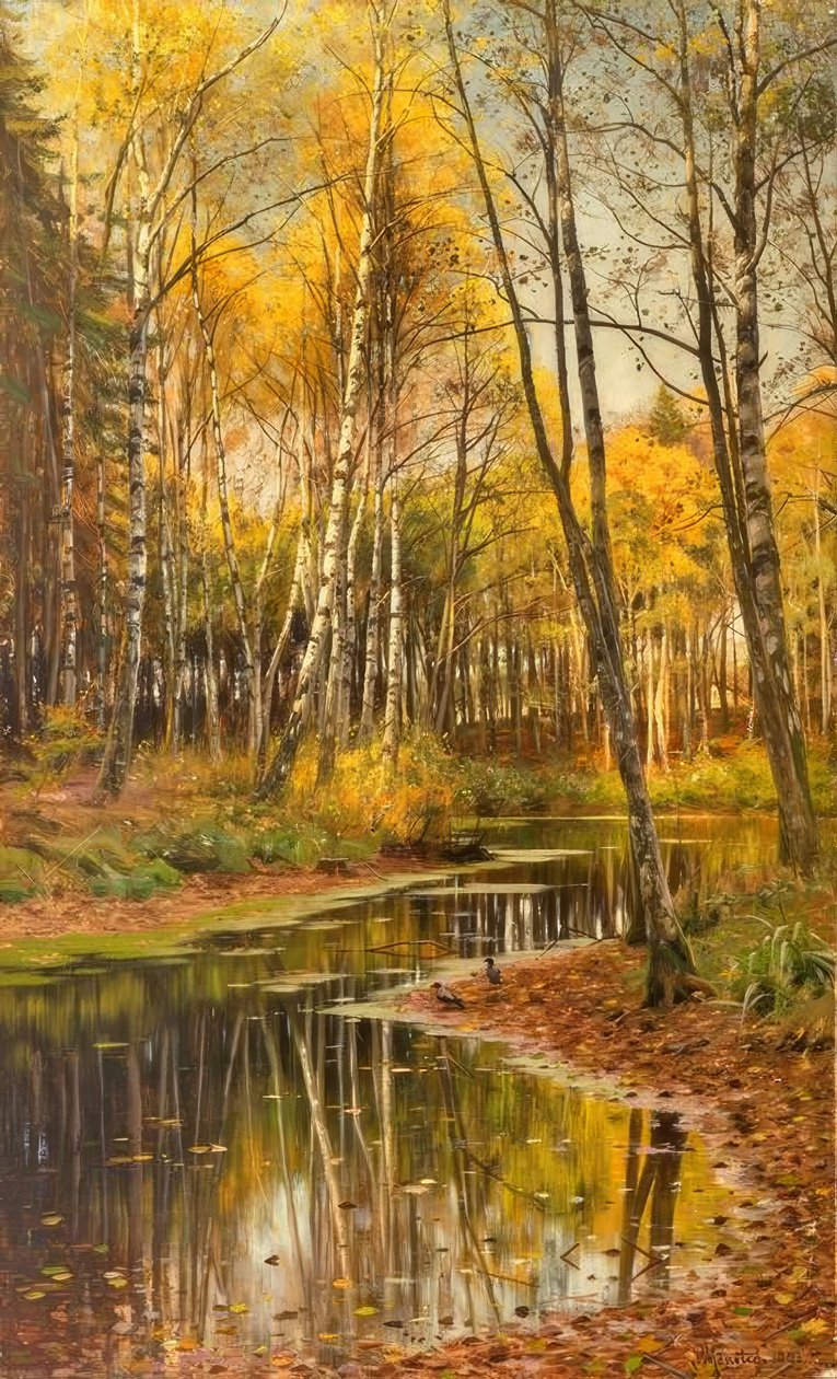 P.Mönsted, bjørkeskog i høstlyset av Peder Monsted