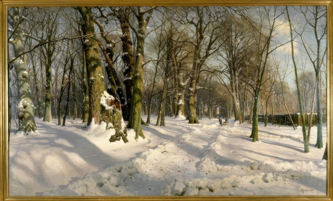 Snødekt vinterskog i sollyset av Peder Monsted