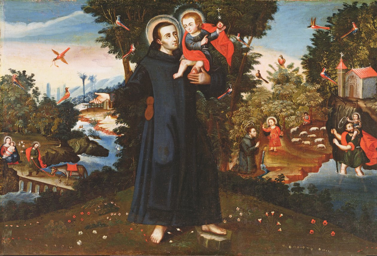 St. John of God (1495-1550) med Kristusbarnet, St. Christopher, St. Augustine og flukten til Egypt av Pedro Nolasco y Lara