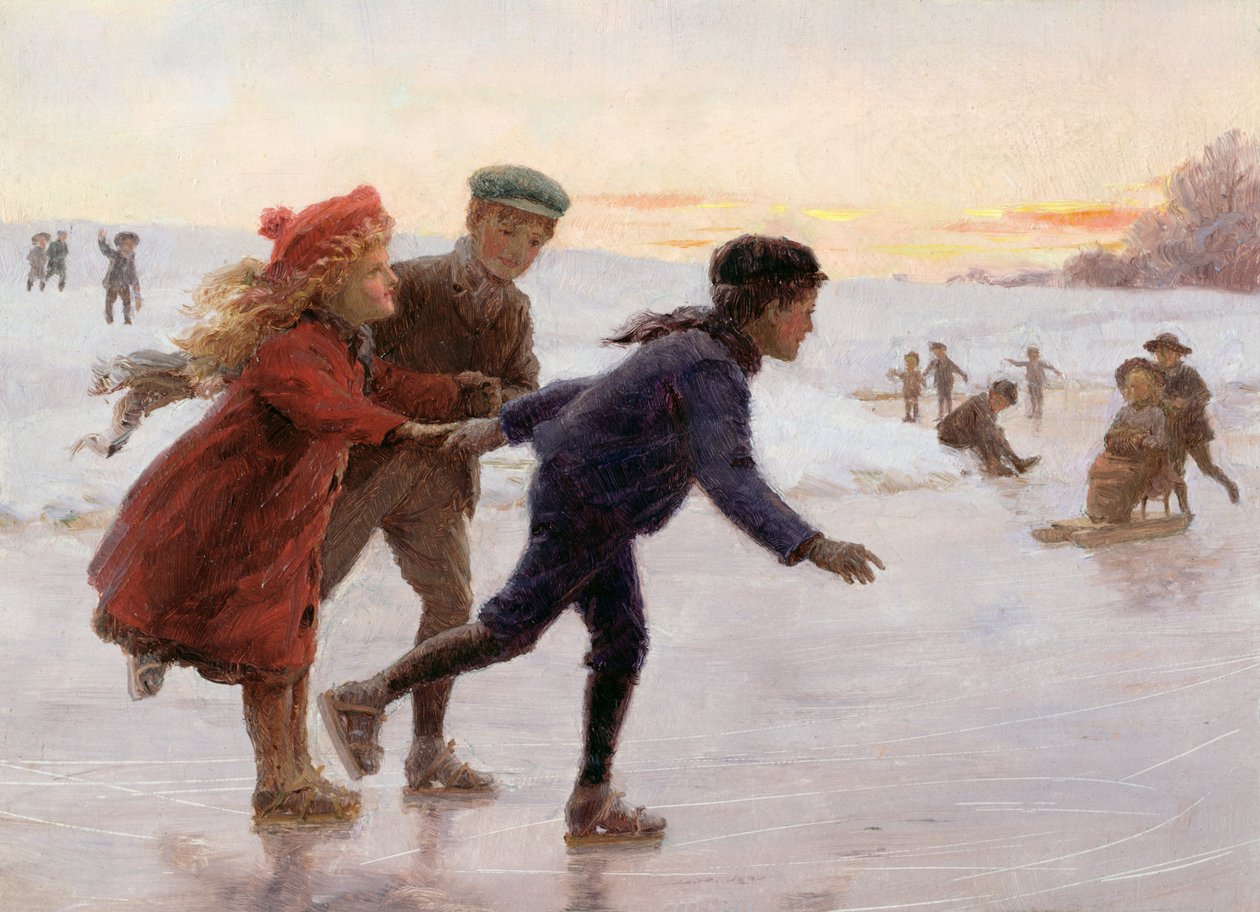 Barn på skøyter (olje om bord) av Percy Tarrant
