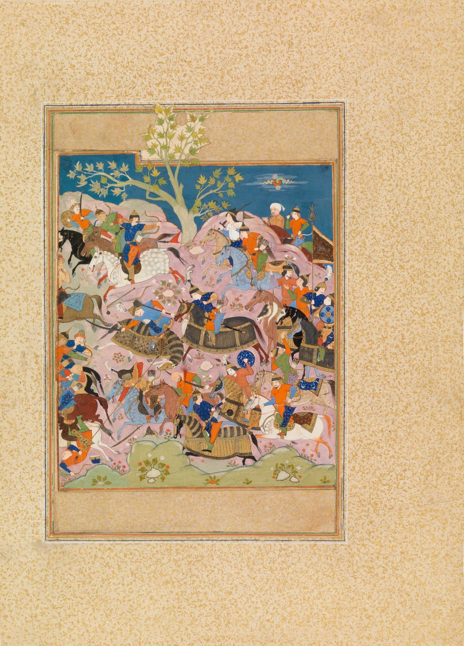 Battle Scene (wc og gouache på vellum) av Persian School