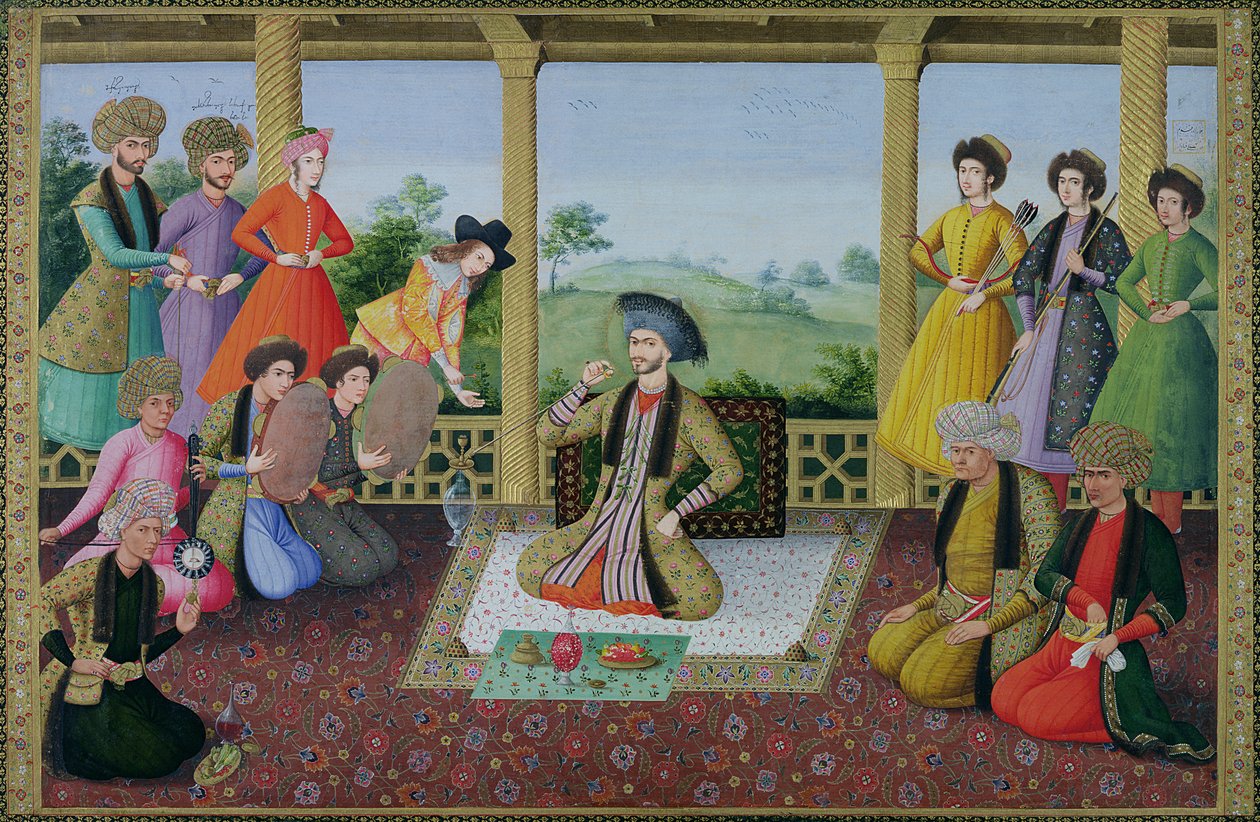 Ms E-14 f.98a Shah Suleyman II (1641-91) og hans hoffmenn av Persian School