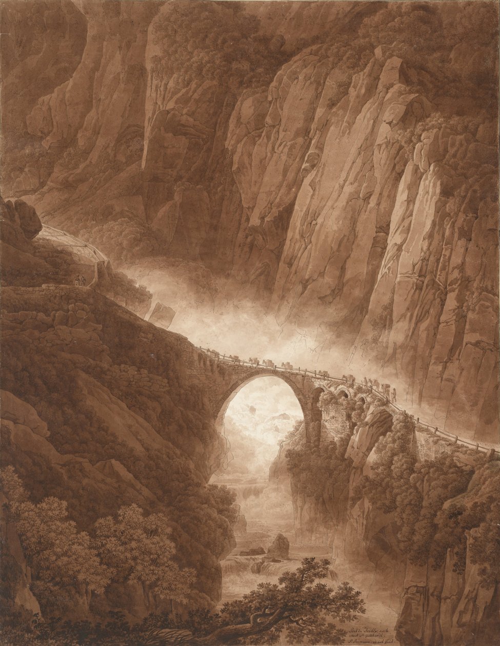 Devils Bridge i Schöllenen Gorge på vei over St. Gotthard Pass med et Mule Train, før 1805 av Peter Birmann