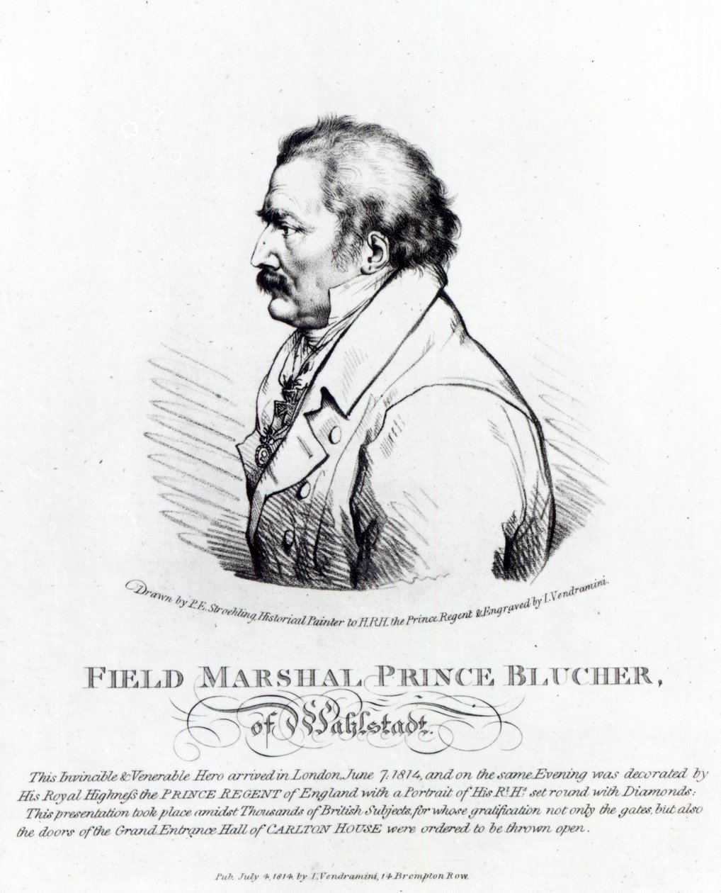 Feltmarskalk prins Blucher av Wahlstadt, gravert av J. Vendramini, 1814 av Peter Eduard Stroehling