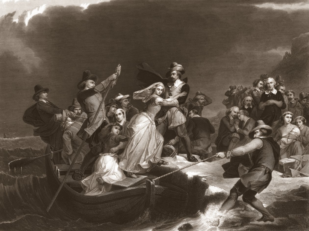 Pilegrimer som lander ved Plymouth Rock i 1620, pub.1869 av Peter Frederick Rothermel