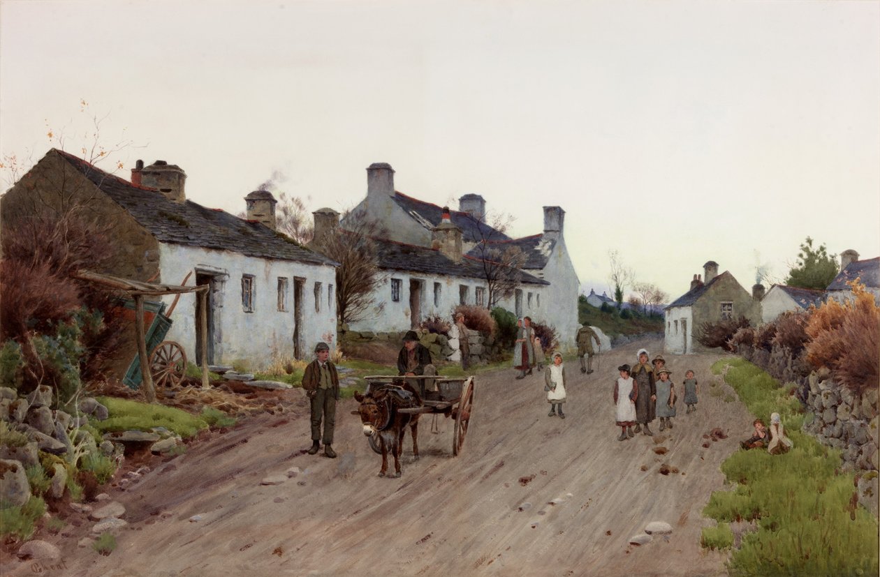 A Welsh Village - Evening (kroppsfarge, blyant og wc på papir) av Peter Ghent