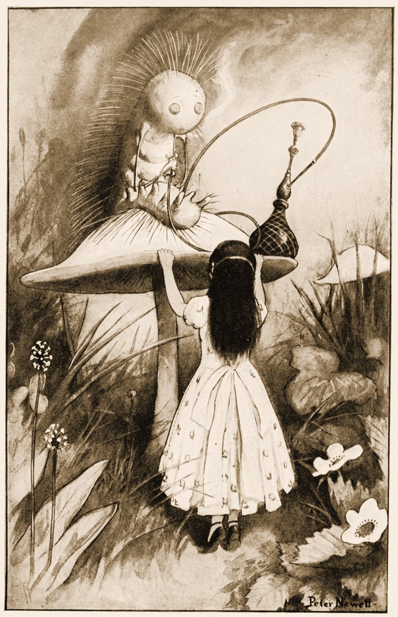 The Caterpillar og Alice så på hverandre, illustrasjon for Lewis Carrolls Alices Adventures in Wonderland, 1901 av Peter Newell