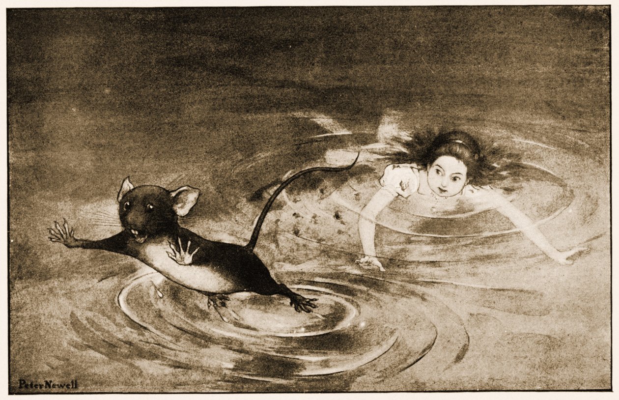 "Musen ga et plutselig sprang ut av vannet", illustrasjon for Lewis Carrolls Alice