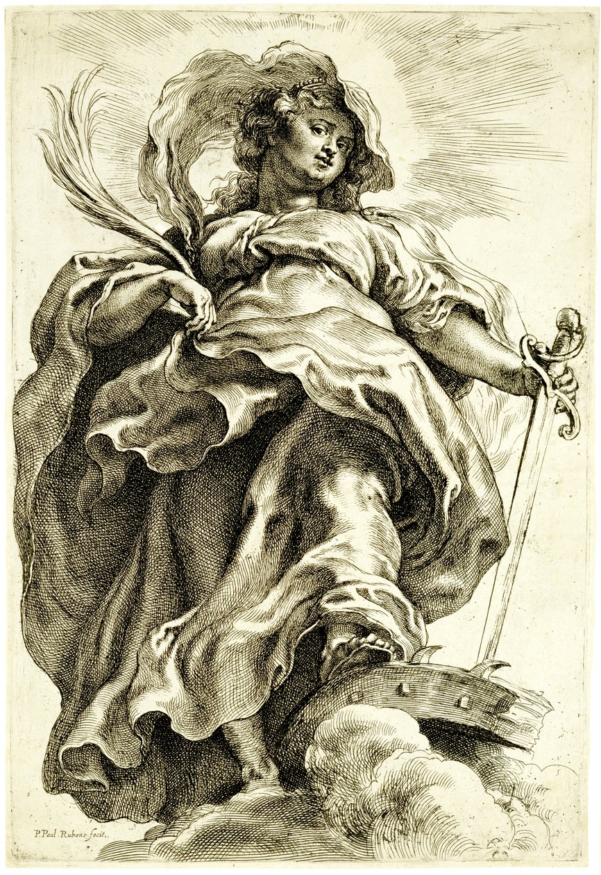 Saint Catherine of Alexandria in the Clouds, 1620-21 (radering med burin på lagt papir) av Peter Paul Rubens