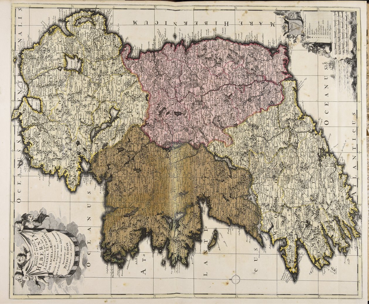 Den siste og mest nøyaktige avgrensningen av kongeriket og øya Irland: der er Leinster, Ulster, Connaught og Munster -provinsen av Peter Schenk the Elder