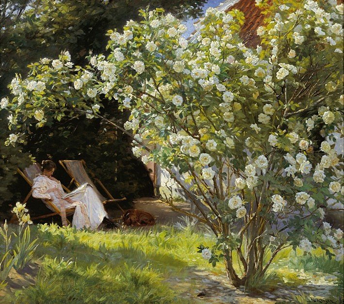Marie i en fluktstol og leser av Peder Severin Krøyer