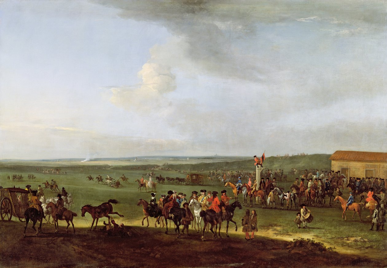 The Round Course at Newmarket, Forberedelse til Kongens Plate, ca. 1725 av Peter Tillemans