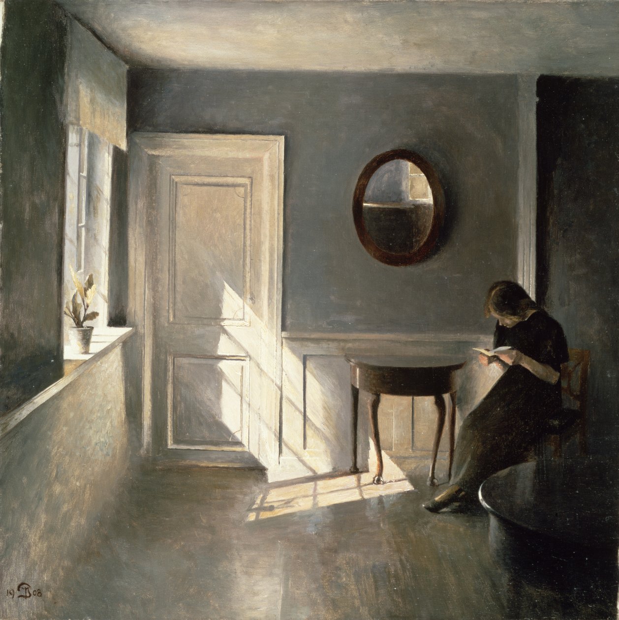 Jente som leser et brev i et interiør, 1908 av Peter Vilhelm Ilsted