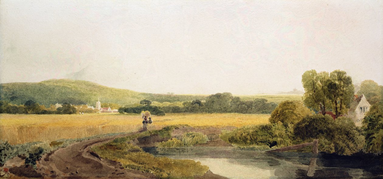 En kornåker ved en bakevje nær en landsby i Thames Valley (wc på papir) av Peter de Wint