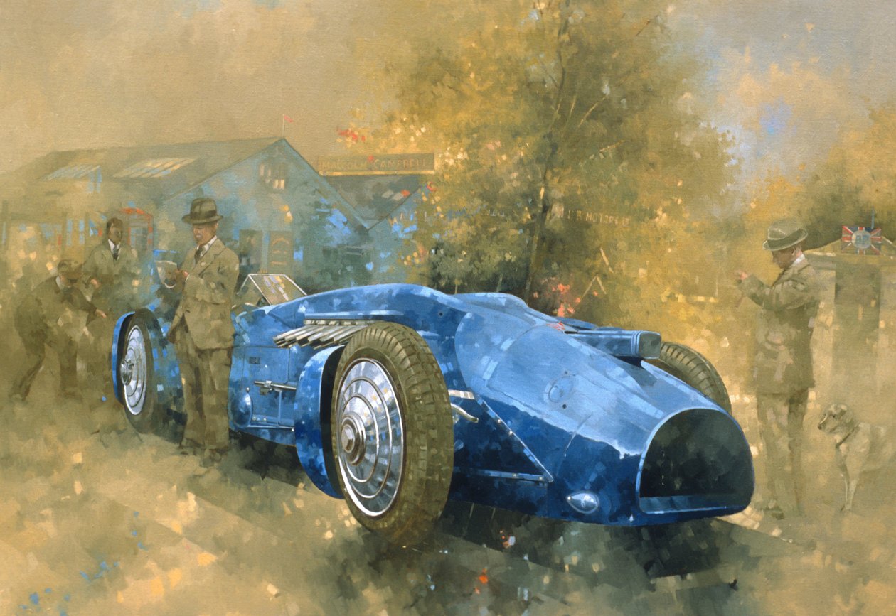 Bluebird at Brooklands (olje på lerret) av Peter Miller
