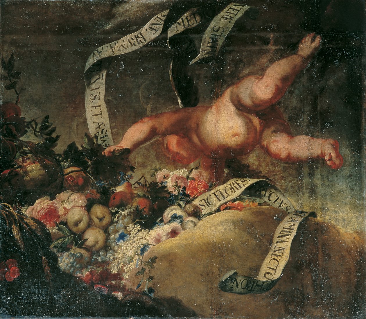 Putto med blomster, frukt og banner av Peter Strudel