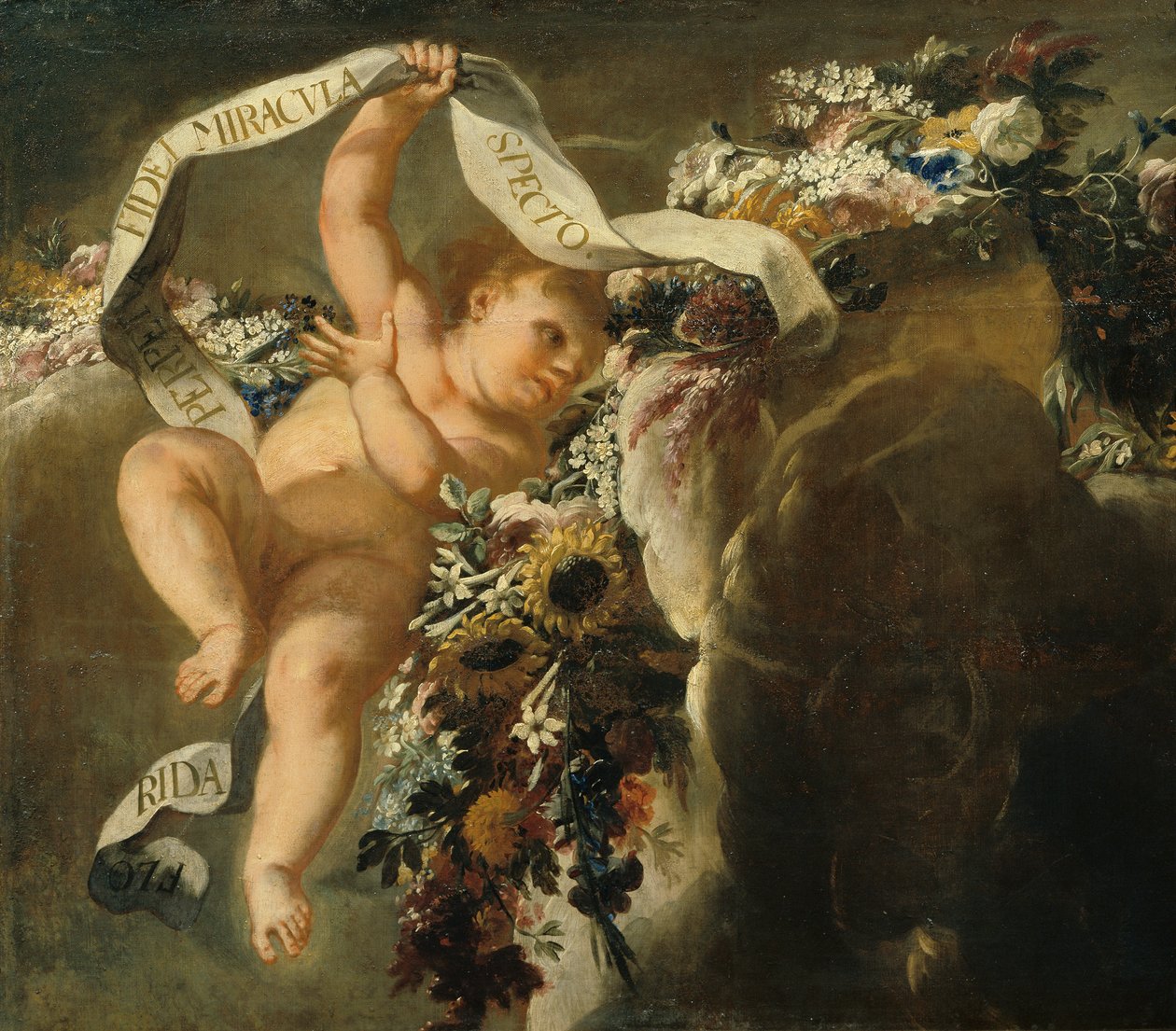 Putto med blomstertråd og banner av Peter Strudel